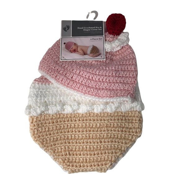 Hand Crocheted Hat And Diaper Cover Ice Cream Sz 0-9 Months Infant Baby Photo - Picture 1 of 12